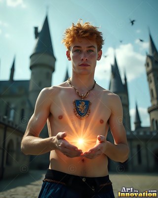 Shirtless man holds bright light outside castle towers