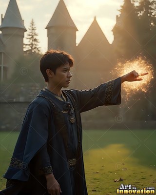 In dark blue robes, a young man points a spark from his hand outside a castle lawn