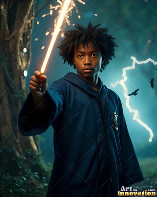 A young man holds a sparking wand that casts warm light across his dark blue robe