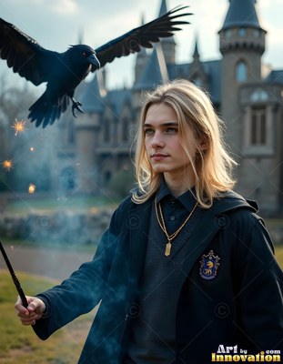 Standing in a castle courtyard, a young blond man holds a wand near a flying raven