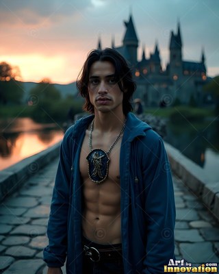 A shirtless young man in an open blue jacket stands on a stone bridge near a castle