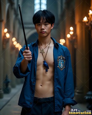 In a stone hall, an Asian man in a plain blue shirt holds a black wand