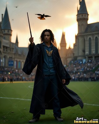 Holding a wand high, a young man in black robes stands on a field below a flying bird