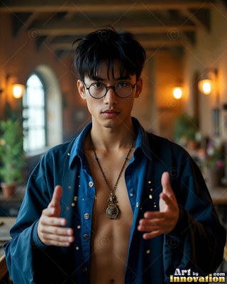A young man in glasses holds open hands in a stone hall
