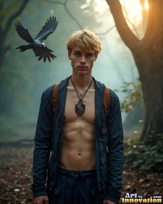 A blond man wears an open dark jacket as a black raven flies near him in a hazy forest