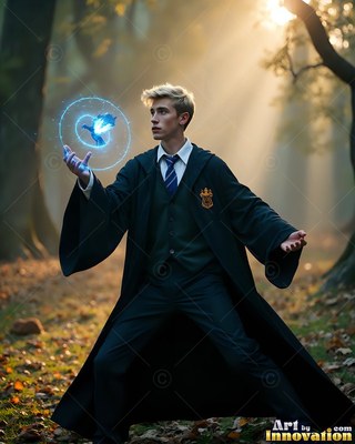A young blond man summons a small blue bird in soft sunlight