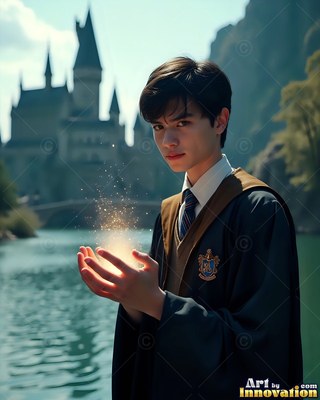 Turned sideways by a lake, a young man clasps bright sparks near a castle