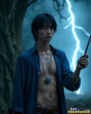 A young man in a bright blue button-up shirt holds a wand near lightning outdoors