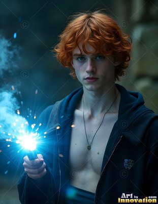In a dark courtyard, a red-haired man holds a wand shining with bright blue light