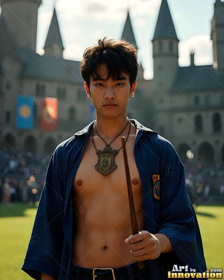 Holding a wand, a shirtless young man in a pale blue robe stands on a castle lawn
