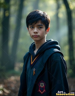 A young man in a dark hooded robe stands in the woods
