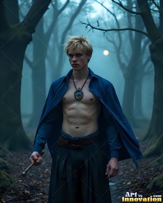 Bare-chested under an open blue uniform shirt, a blond man stands in a dark misty forest