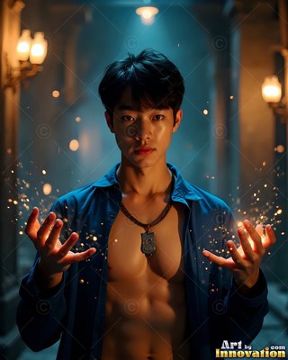 A young man raises open hands to cast bright sparks in a dim blue hallway