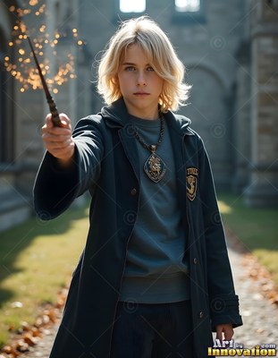 Facing forward in a stone courtyard, a young blond man points a sparking wand