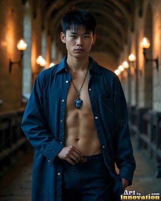 A young man stands in an open dark blue dress shirt along a dim stone hallway