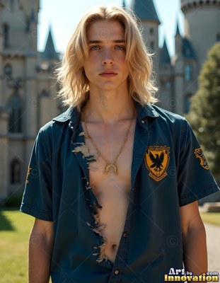 Outside a castle, a blond man stands in a torn dark green shirt