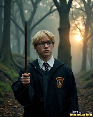 Holding a wooden wand upright, a blond young man poses standing in a foggy forest at dusk