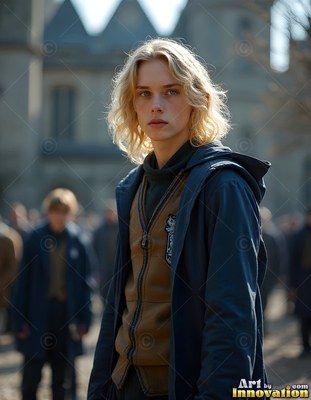 Blond young man in a dark blue coat outdoors