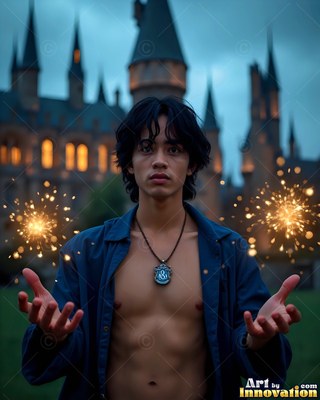 A bright blue button-up shirt reveals the chest of a young man outside a dark stone castle