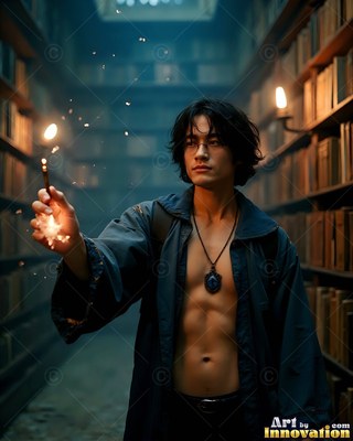 A young man has in his hands a small flame on a wand in a dark library lit by warm candle fire