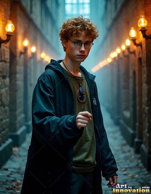 Standing in a dim alley lined with wall lamps, a young curly-haired man looks ahead