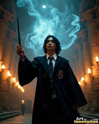 A young man in black robes raises a wand as blue smoke curls in a hall