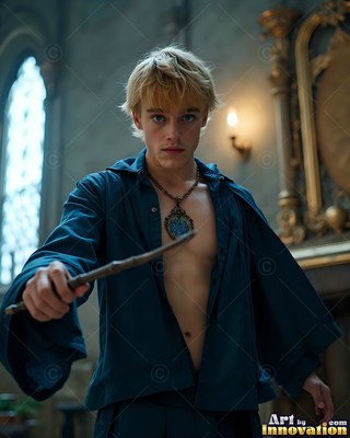 In a stone hall, a blond man points a wooden wand forward in a plain blue collared shirt