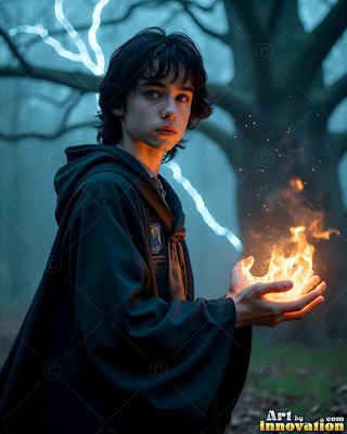 Holding fire in cupped hands, a young man wears black wizard robes outdoors