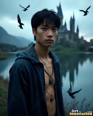 A man by a lake with ravens and a castle behind him