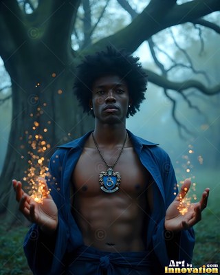 A clear blue shirt reveals the chest of a man holding sparks in misty woods