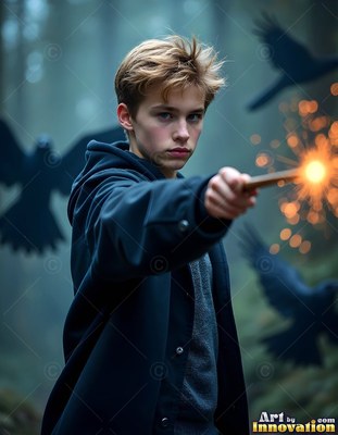 A young man points a wand in a foggy forest with bright yellow sparks
