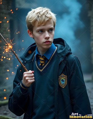 A young blond man in a school uniform holds a wand casting sparks