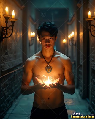 In a candlelit stone hallway, a shirtless man holds bright sparks in his hands