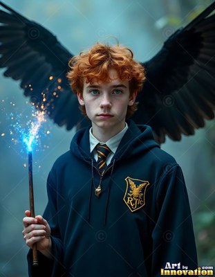 Holding a sparkling wand, a young red-haired man stands in a dark robe before giant raven wings