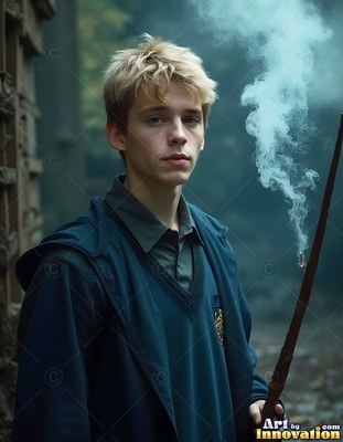 A young blond man in a blue robe holds a smoking wand