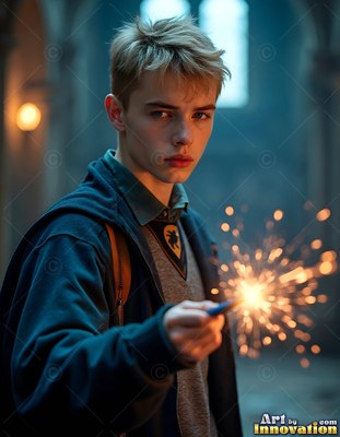 Blond hair falls over a young man in a dark blue jacket holding a bright sparkler in a dim hall