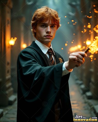 A young man points a wand that casts warm orange sparks in a dim hall
