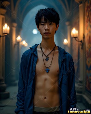 Standing shirtless in a pale blue shirt, a young man poses in a dim stone hall