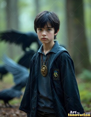 A man in a dark school robe stands in the woods with black ravens behind him