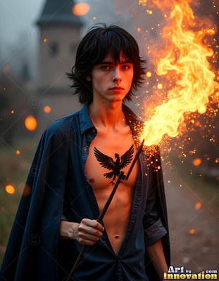 Outside a castle, a young man with a raven chest tattoo holds a flaming staff