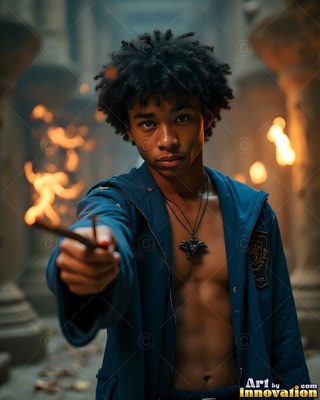 Pointing a wand forward, a young man wears an open blue robe near warm torchlight