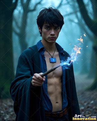 A shirtless man in a dark robe holding a sparking wand in a misty forest