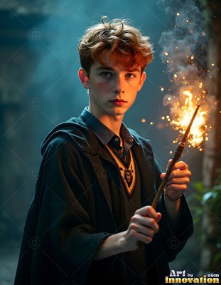 Messy red hair tops a young man holding a sparking wand in a dark stone room