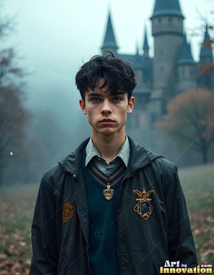 A young man stands outside a castle in the dull gray mist