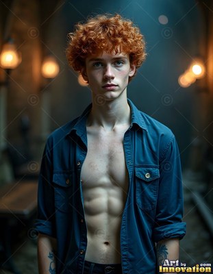 Facing forward in a dim castle hall, a red-haired young man wears an open blue dress shirt