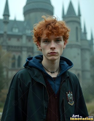A young man with curly red hair stands outside a gray castle in a dark coat