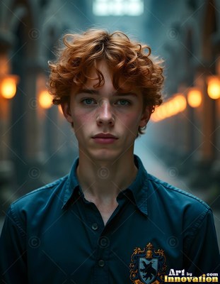 In a dim castle hallway, a young man with curly red hair wears a dark shirt