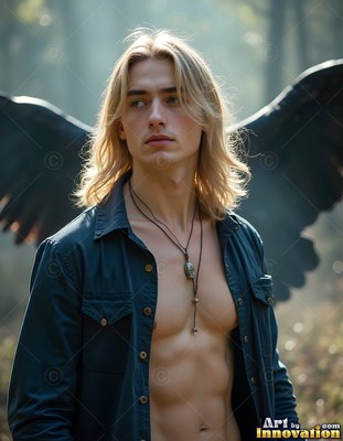 Standing outdoors, a blond man in an open shirt poses before large raven wings