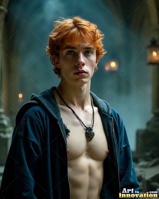 Young man with orange hair wears an open dark hoodie in a castle hall