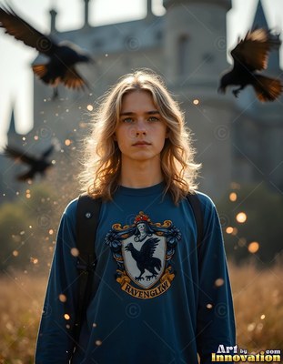 Long blond hair frames a young man in a blue sweatshirt by a castle with black ravens flying